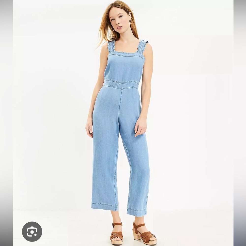 NWT Loft Chambray Ruffle Strap Square Neck Jumpsuit, size 0